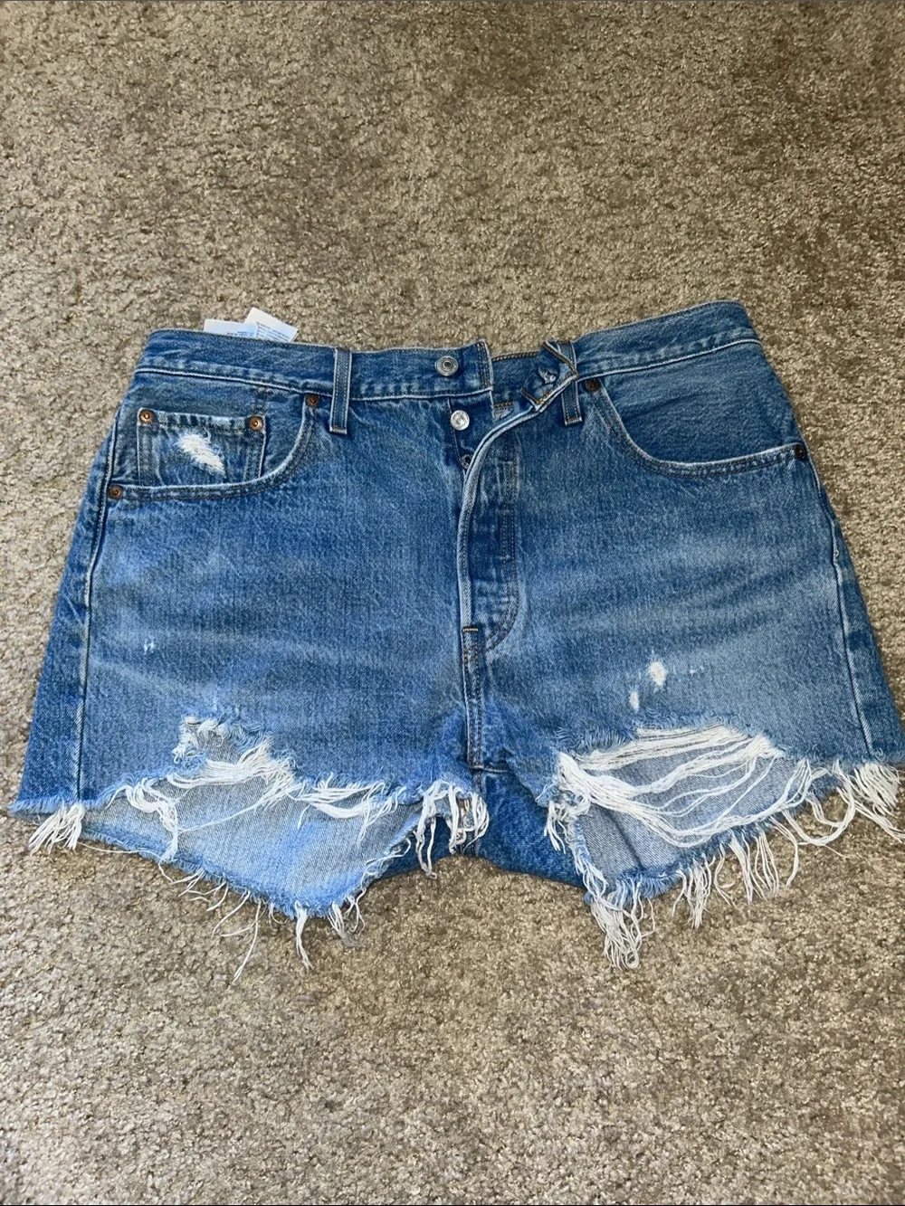 Levi's 501 Blue Distressed Frayed Denim Shorts